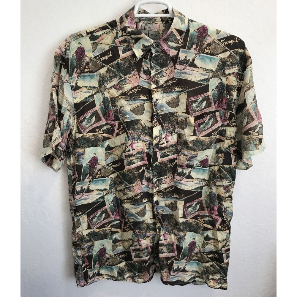 Robert Stock Mens Silk Button Up Shirt Sz L Short Sleeve Abstract Vintage